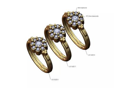 Bubble diamond cluster bead and rope ring US sizes 6 7 8