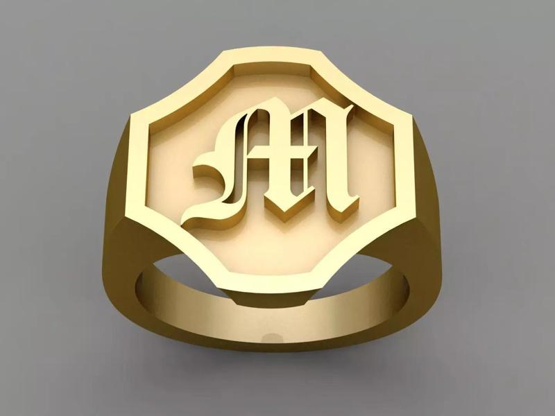 M Letter Solid Gold Signet Ring Monogram Men Ring