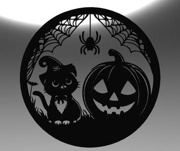Halloween Witch Cat, Pumpkin & Spider – Line Art Design