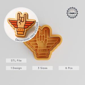 Wing Shape Cutter & Stamp, Rock Hand Cookie & Fondant Accessories, Set of 6, S/M/L Sizes