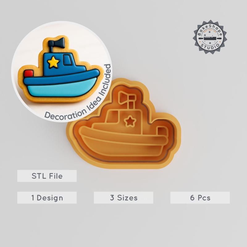 Police Boat Shape Cutter & Stamp, Ocean Security Patrol, Fondant Cookie Decor, 6-Piece Set