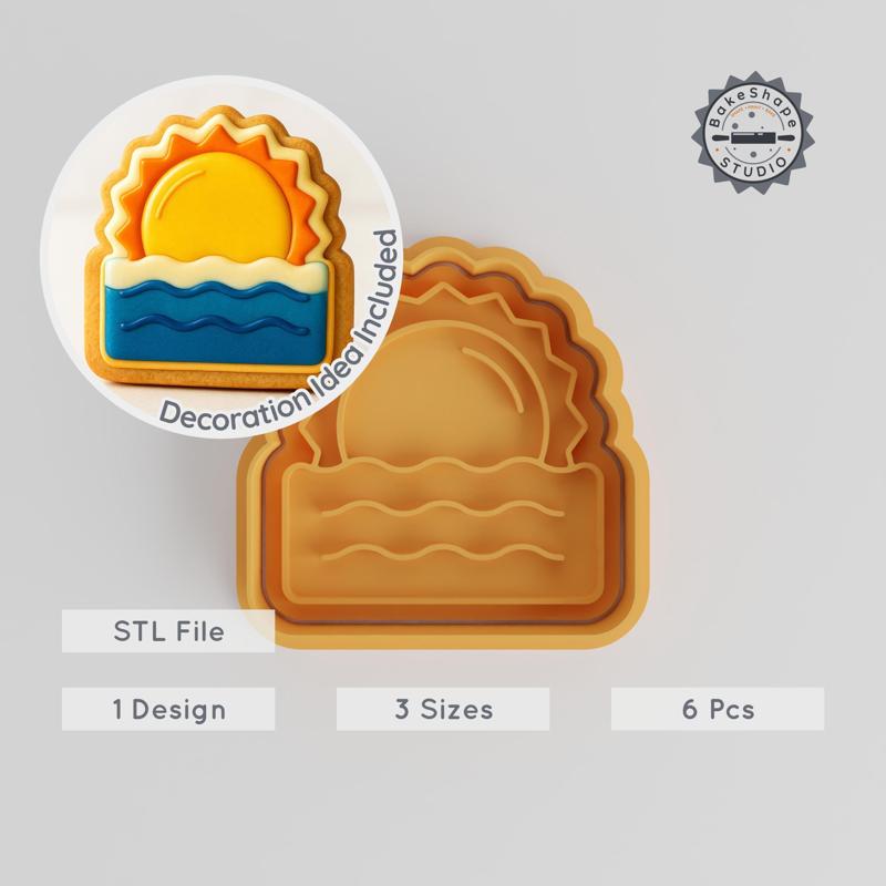 Sunrise Ocean Shape Cutter & Stamp Set, Ocean-Themed Cookie & Fondant Decor, 3 Sizes, 6 Pieces
