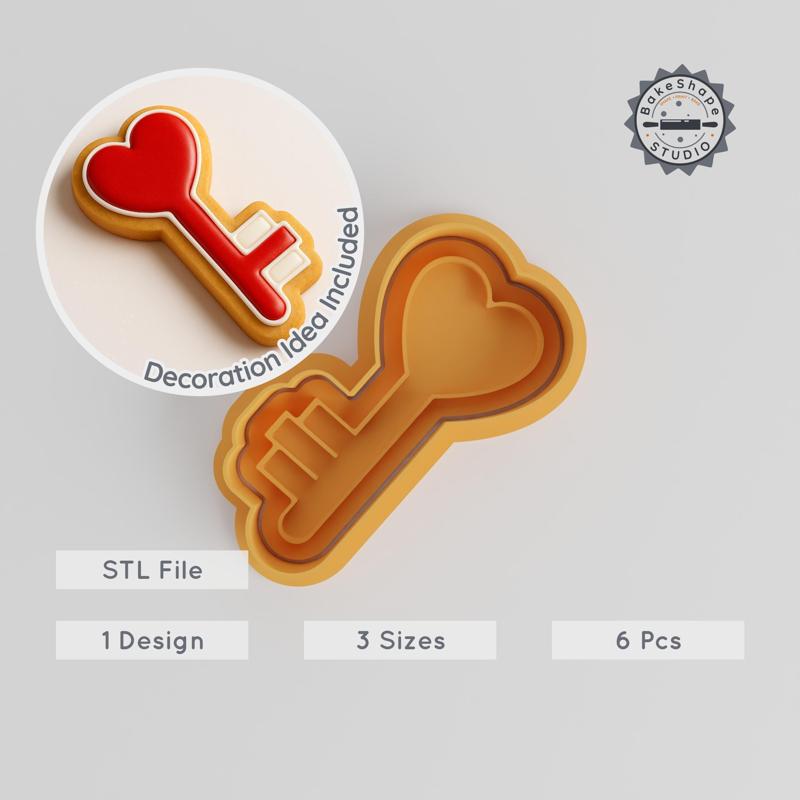 Heart Key Cookie Cutter & Stamp Set, 6-Piece, Romantic Love Lock Design, S/M/L Sizes, Perfect for Fondant