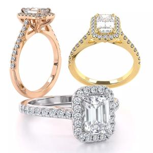 Emerald Cut Engagement Ring One Row Pave Diamond Band