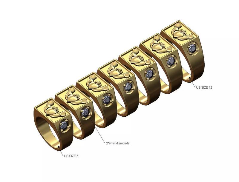 Diamond 4mm sides Claddagh heart crown rectangular signet ring