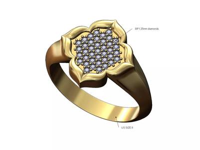 Diamond flower shaped window signet ring US size 8