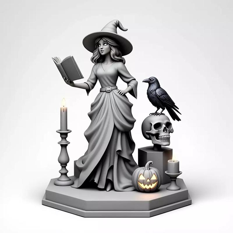 2431Halloween Witch with Spell book  Skull  Raven and Pumpkin
