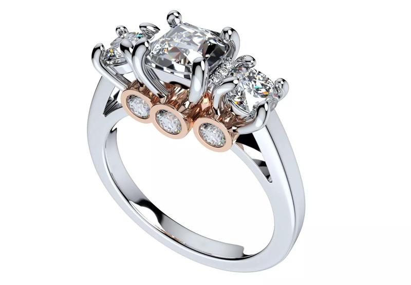 Cushion Side Round Diamonds Trilogy Engagement Ring - TCSRD-ST