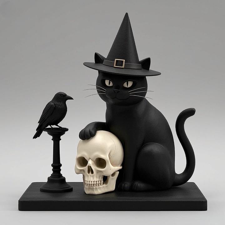 2343 Witch Cat with Skull, Raven, and Candlestick - Ivory-Style Figurine, magic, dragon, serpent, wood, gnome, gorgon, warrior, wild, fox, monster, cat, fair, witch, werewolf, horror, beast, snake, troll, skeleton dance