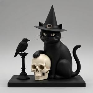 2343 Witch Cat with Skull, Raven, and Candlestick - Ivory-Style Figurine, magic, dragon, serpent, wood, gnome, gorgon, warrior, wild, fox, monster, cat, fair, witch, werewolf, horror, beast, snake, troll, skeleton dance