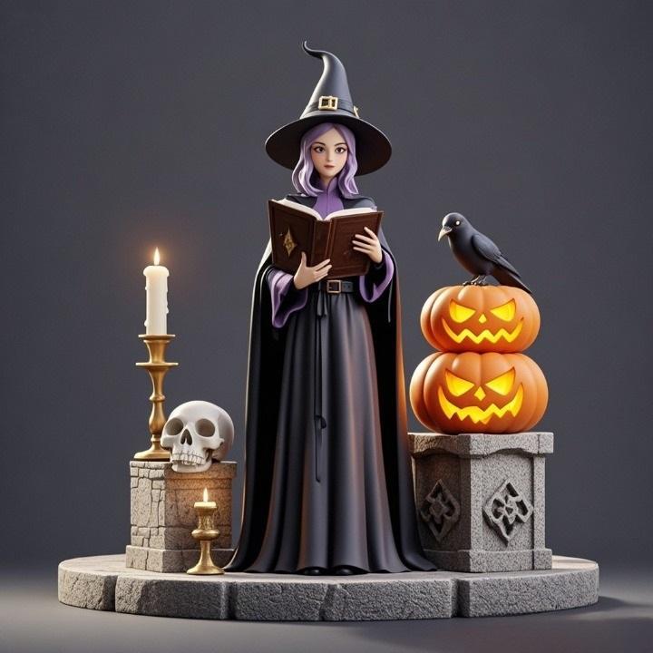 2364 Halloween Witch with Spell book, Skull, Raven and Pumpkin - Color 3D Model on Pedestal, halloween, magic, dragon, serpent, mask, gnome, gorgon, wild, fox, monster, cat, fair, witch, werewolf, horror, beast, snake