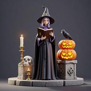 2364 Halloween Witch with Spell book, Skull, Raven and Pumpkin - Color 3D Model on Pedestal, halloween, magic, dragon, serpent, mask, gnome, gorgon, wild, fox, monster, cat, fair, witch, werewolf, horror, beast, snake