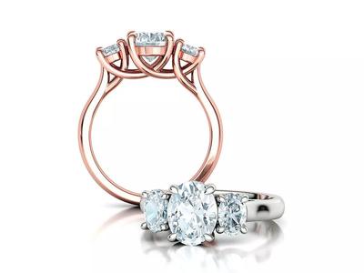 3 Stone Engagement Trellis Ring 9x7 Oval stone 6x4 side gems