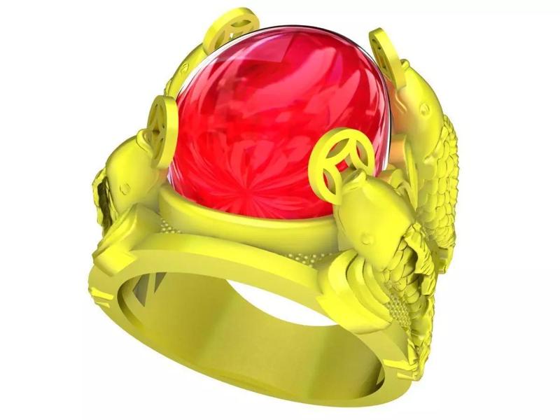5131 four carps holds oval ruby men fengshui ring
