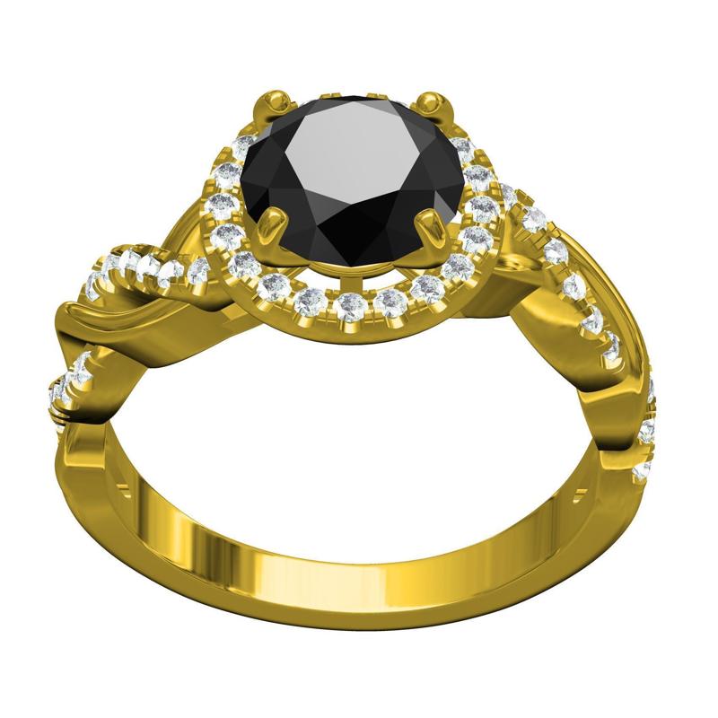 Black Round Diamond Halo Twisted Shank Engagement Ring