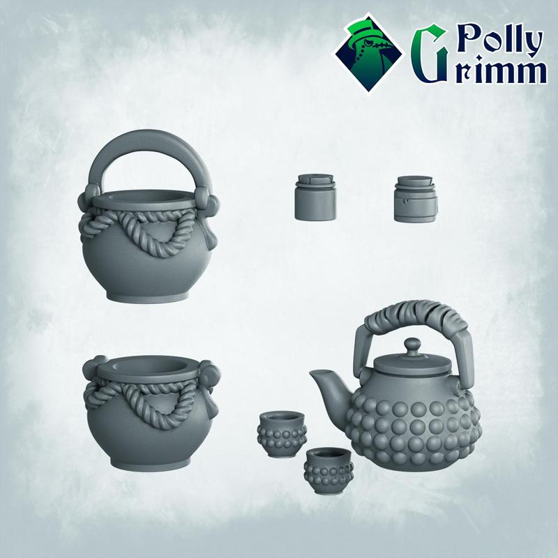 Fantasy miniatures for tabletop games. Teapot, cup, bottles, pots. Small things to put on table
