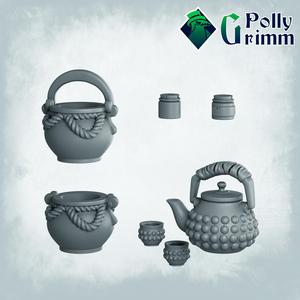 Fantasy miniatures for tabletop games. Teapot, cup, bottles, pots. Small things to put on table