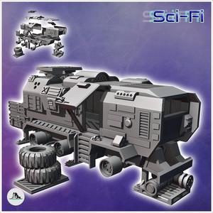 Futuristic shelter in a vehicle carcass with tires and slightly open door (2) - Future Sci-Fi SF Post apocalyptic Tabletop Scifi Wargaming Planetary exploration RPG Terrain