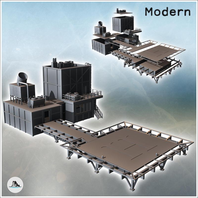 Heliport with landing platform for helicopters and multi-story annex building (1) - Modern WW2 WW1 World War Diaroma Wargaming RPG Mini Hobby