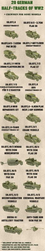 STL PACK - 20 GERMAN Half-tracks of WW2 + Crewmen (1:56, 28mm) - PERSONAL USE