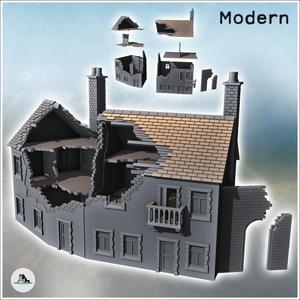 Set of two damaged buildings with visible interiors, double chimneys, balcony, and exterior parapet (39) - Modern WW2 WW1 World War Diaroma Wargaming RPG Mini Hobby