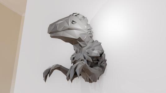 velociraptor dinosaur head wall mount with arms low poly stl