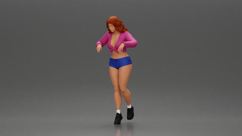 Sexy girl in mini skirt and shorts looking out over the edge of the stairs