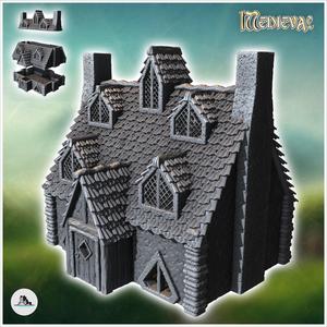 Medieval house with double chimneys, multiple paned windows and wooden door (3) - Medieval Gothic Feudal Old Archaic Saga 28mm 15mm RPG
