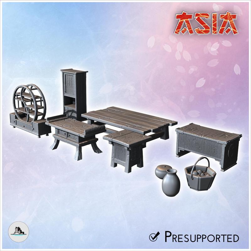 Asian interior furniture set with tables, shelves and baskets (8) - Asian Asia Oriental Angkor Ninja Traditionnal RPG Mini
