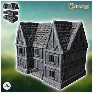 Medieval half-timbered one-storey house with staircase and window shutters (20) - Medieval Gothic Feudal Old Archaic Saga 28mm 15mm RPG