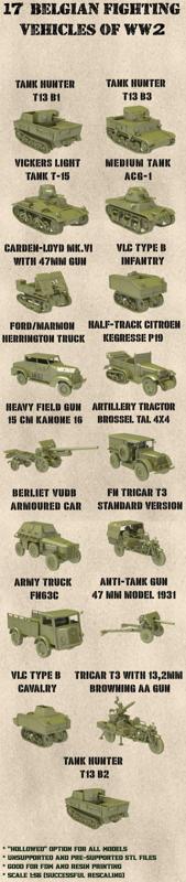 STL PACK - 17 BELGIAN Fighting vehicles of WW2 (1:56, 28mm) - PERSONAL USE