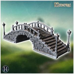 Stone arch bridge with ornate railings and lampposts on each corner (3) - Medieval Gothic Feudal Old Archaic Saga 28mm 15mm RPG