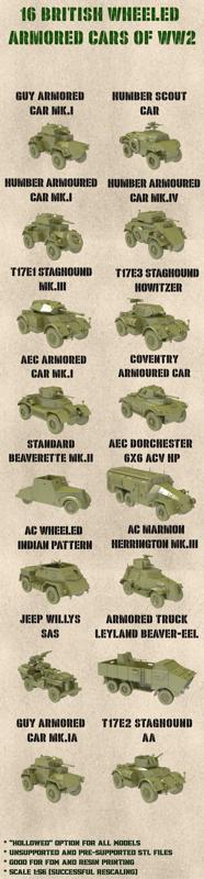 STL PACK - 16 BRITISH wheeled armored cars of WW2 (1:56, 28mm) - PERSONAL USE