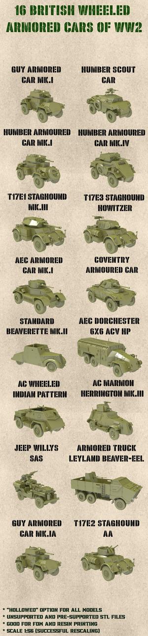 STL PACK - 16 BRITISH wheeled armored cars of WW2 (1:56, 28mm) - PERSONAL USE