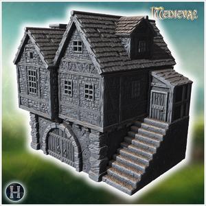 Elevated medieval house with stone steps, wooden beams, and large double doors on the ground level (29) - Medieval Gothic Feudal Old Archaic Saga 28mm 15mm RPG