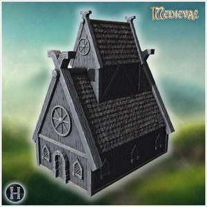 Traditional wooden hall with steep roof, reinforced framework, and decorative woodwork (7) - Medieval Gothic Feudal Old Archaic Saga 28mm 15mm RPG