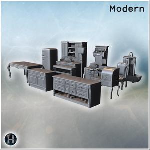 Kitchen and dining room furniture with cabinets, table, fridge, and antique kitchen appliances (3) - Modern WW2 WW1 World War Diaroma Wargaming RPG Mini Hobby