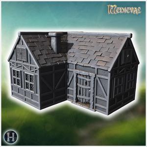 Medieval-style house with a wooden door, lattice windows, and a damaged stone roof (48) - Medieval Gothic Feudal Old Archaic Saga 28mm 15mm RPG