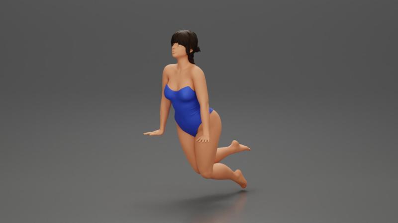 Sexy girl in one-piece swimsuit leaning on the poolside with both hands