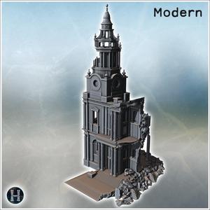 Ornate bell tower with a domed roof, detailed arches, and visible structural damage on the facade (2) - Modern WW2 WW1 World War Diaroma Wargaming RPG Mini Hobby