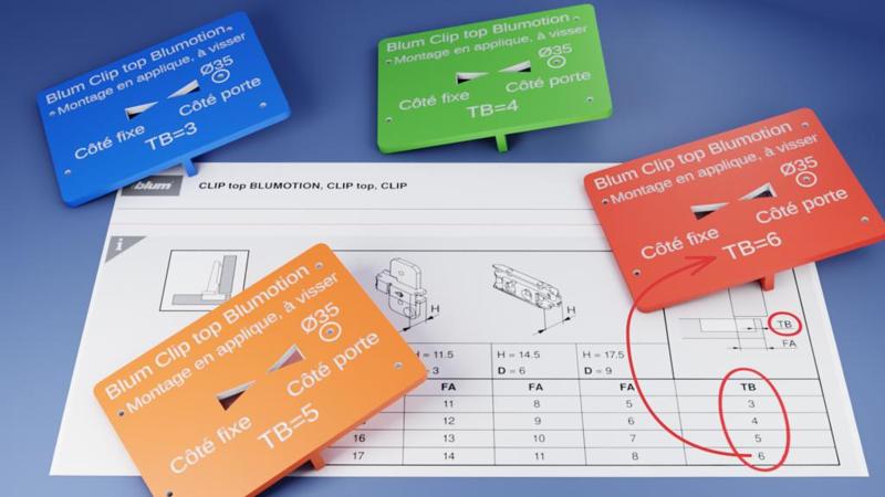 Quatre gabarits pour les charnières Blum Clip top Blumotion, montage en applique, à visser / Blum hinge template