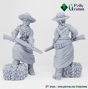 Tabletop historic miniature. Wild west set. Cowgirl with gun