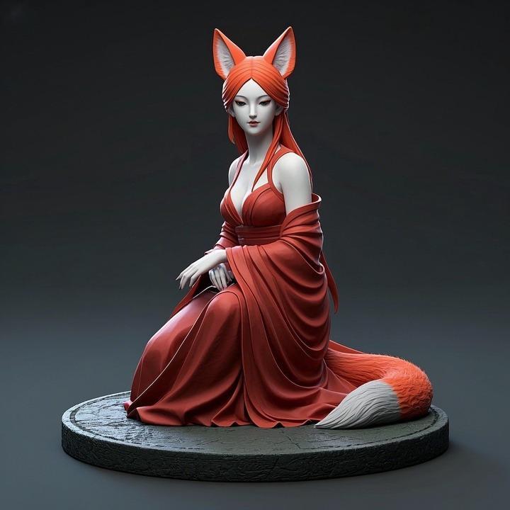 1195 COLORFUL Fox Spirit Woman in Pu Song Ling Style, beast, magic, creature, fantasy, wood, base, sword, warrior, wild, cat, monster, fox, godzilla, fair, witch, werewolf, horror, beast, gothic, troll