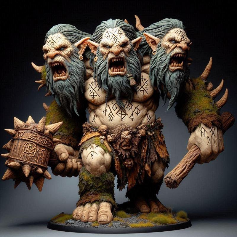 671 Three-Headed Troll - 3D-Printed Fantasy Statue with Club, character, monster, fantasy, art, sculpture, model, animal, 3d model, statue, creature, magic, 3d print, collectible, cat, wood, dragon, sword, base, warrior, wild, dog