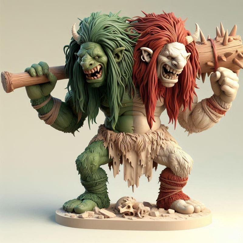 666 Two-Headed Roaring Norwegian Troll - 3D-Printed Ivory-Style Statue, fantasy, wood, base, sword, warrior, wild, low poly, dragon, dnd, cat, monster hunter, monster, dog, godzilla, fair, totem
