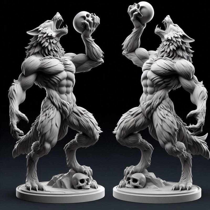 465 Ivory Werewolf Howling with Skull - 3D Model, magic, collectible, creature, dinosaur, sculpture, bear, troll, monkey, witch, club, werewolf, serpent, cat, fantasy, fair