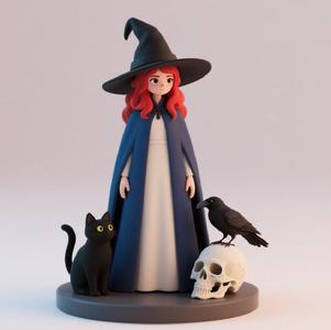 718 Red-Haired Witch with Cat and Raven - Full-Color 3D Model, magic, creature, sculpture, fantasy, wood, base, sword, warrior, wild, dragon, dnd, cat, monster, dog, godzilla, fair, totem, witch, werewolf