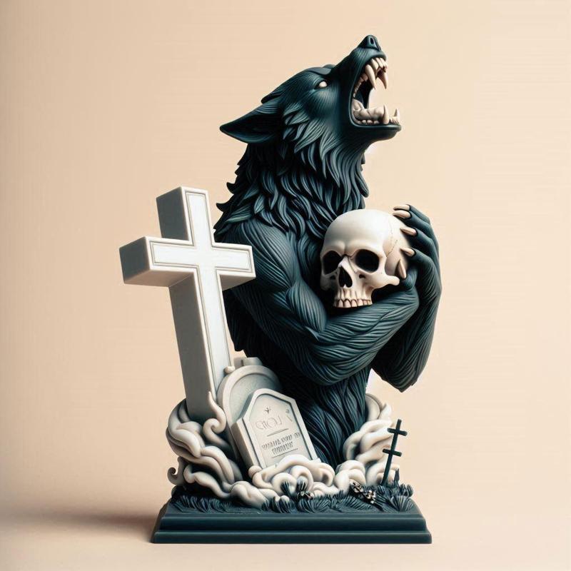 822 Ivory Werewolf Howling with Skull - 3D Model, magic, creature, fantasy, wood, base, sword, warrior, wild, cat, monster, dog, godzilla, fair, witch, werewolf, horror, beast, gothic, troll