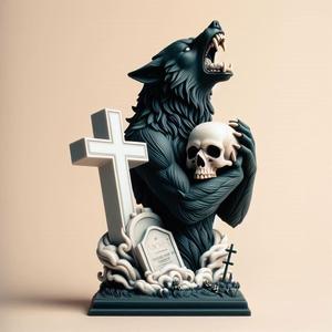 822 Ivory Werewolf Howling with Skull - 3D Model, magic, creature, fantasy, wood, base, sword, warrior, wild, cat, monster, dog, godzilla, fair, witch, werewolf, horror, beast, gothic, troll