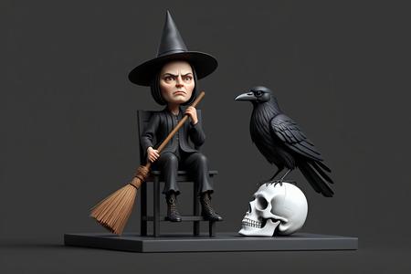 1535 Elegant Witch with Broom, Raven and Skull - Colorful Full-Body Figurine, magic, creature, fantasy, wood, gnome, gorgon, warrior, wild, fox, monster, cat, dog, fair, witch, werewolf, horror, beast, gothic, troll